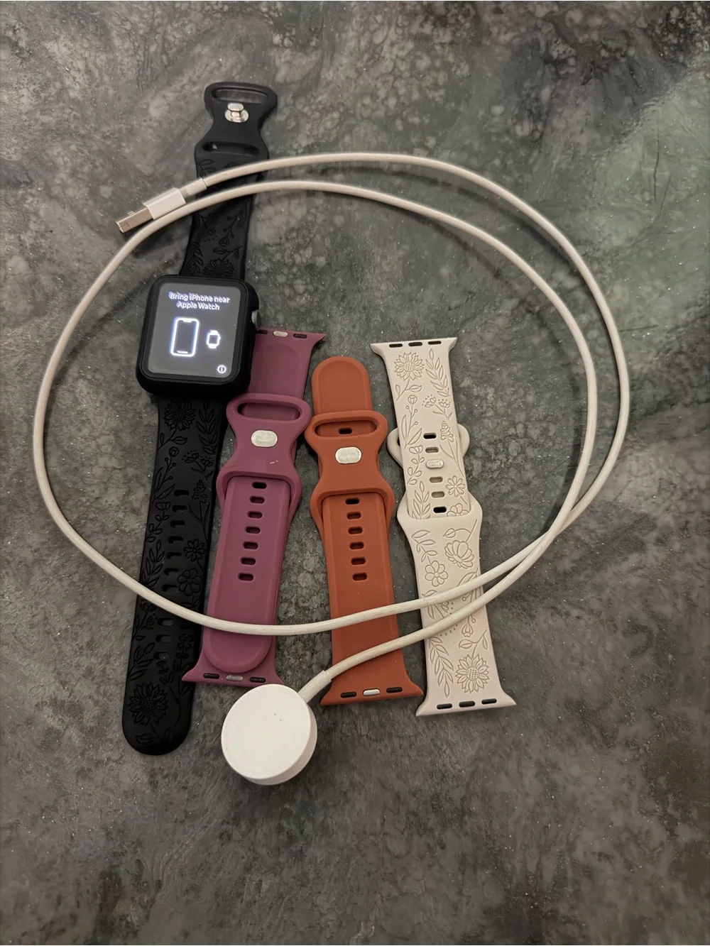 Apple Black Smartwatch with Floral Embossed Silicone Band
